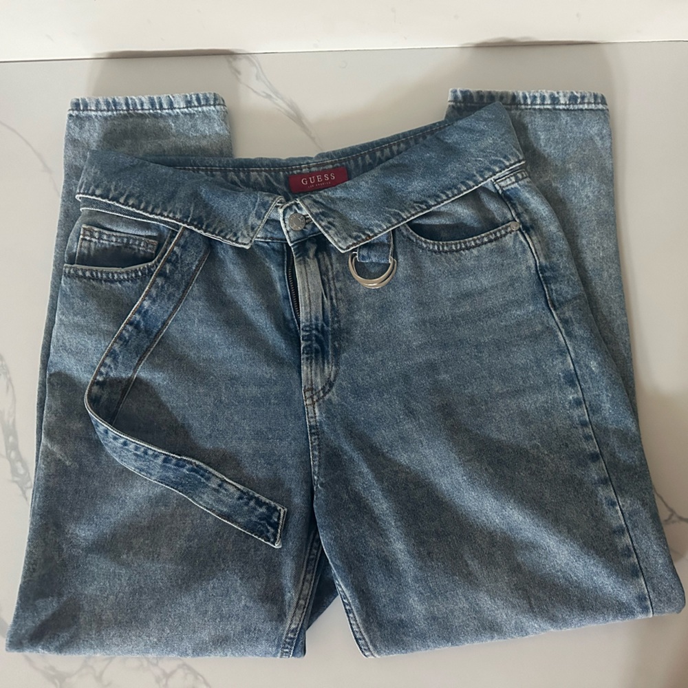 Guess Fold Over Collared Jeans Built in Belt Straight Leg Women’s Size 30